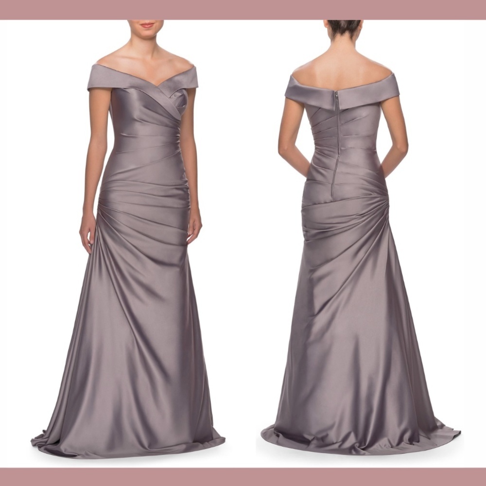 NWD La‎ Femme [ 4 ] Off Shoulder Ruched Satin Trumpet Gown in Platinum